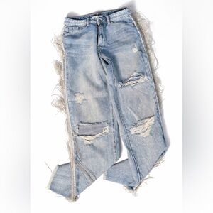 Nature Denim Fringe Jeans Distressed Light Wash Raw Hem Statement Y2K Festival